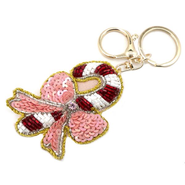 SEED BEAD CHRISTMAS CANDY CANE KEYCHAIN