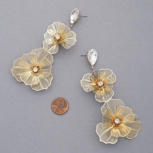 TEARDROP CRYSTAL DOUBLE FLOWER DANGLE EARRING