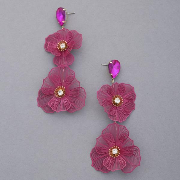 TEARDROP CRYSTAL DOUBLE FLOWER DANGLE EARRING