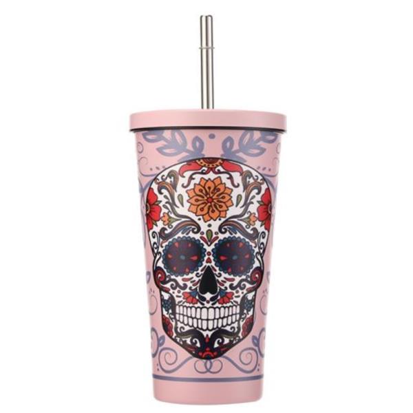 SUGAR SKULL PRINT TUMBLER CUP WITH STRAW 17OZ