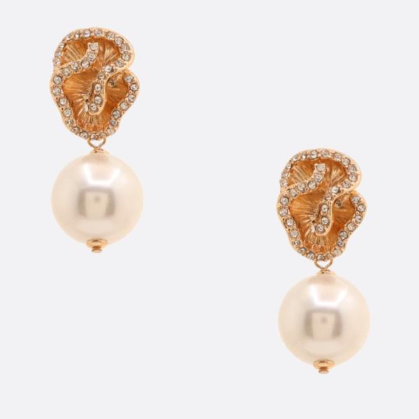 RHINESTONE RUFFLE PEARL BEAD DANGLE EARRING