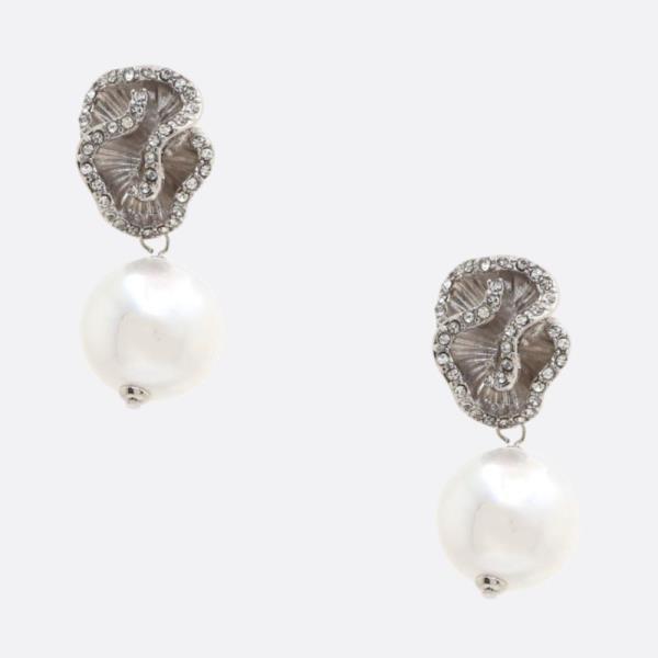 RHINESTONE RUFFLE PEARL BEAD DANGLE EARRING