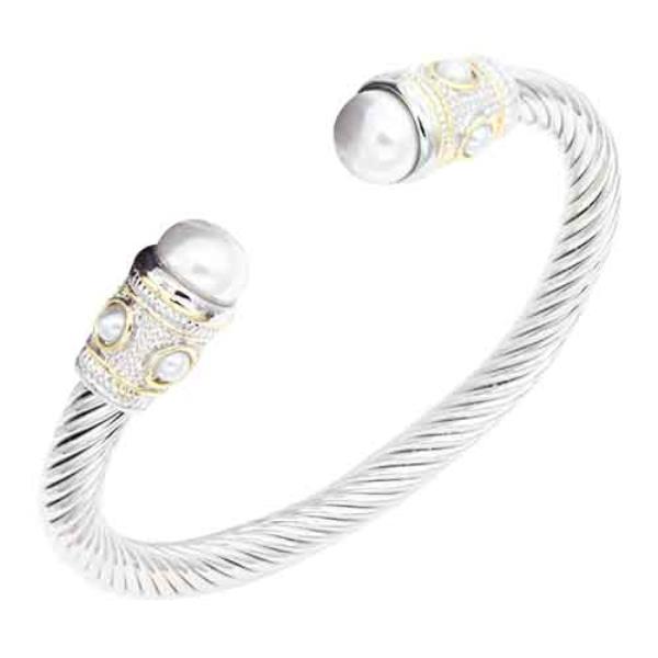 2 TONE WITH STONE TIP 7MM CABLE CUFF BRACELET