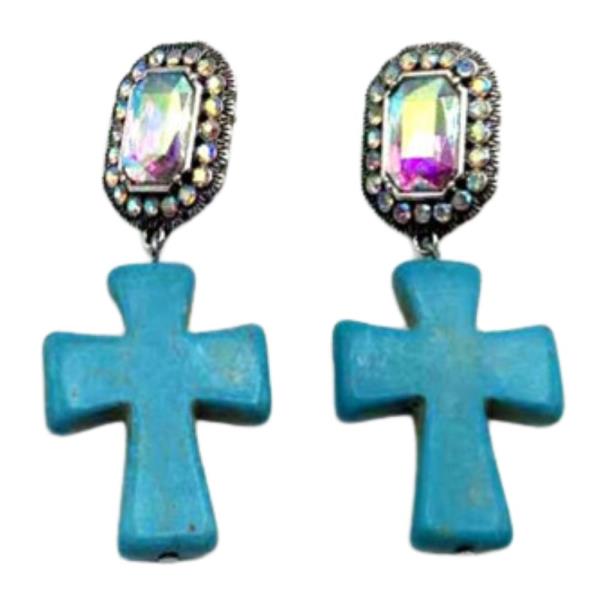 WESTERN STONE TQ CROSS DANGLE EARRING