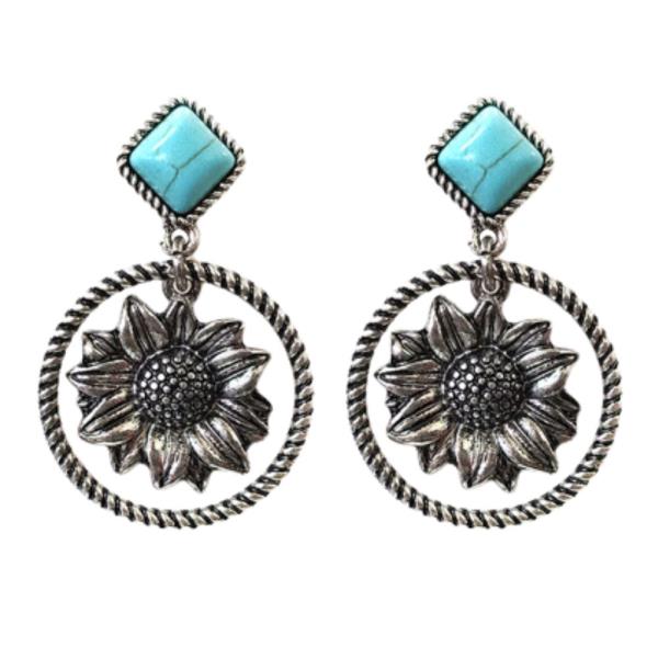 WESTERN METAL CACTUS SUNFLOWER TQ STONE DANGLE EARRING