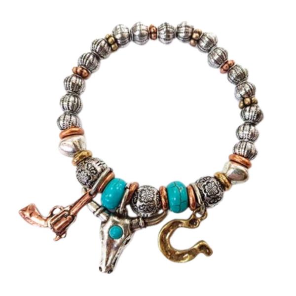 WESTERN TQ STONE COW SKULL STRETCH BRACELET