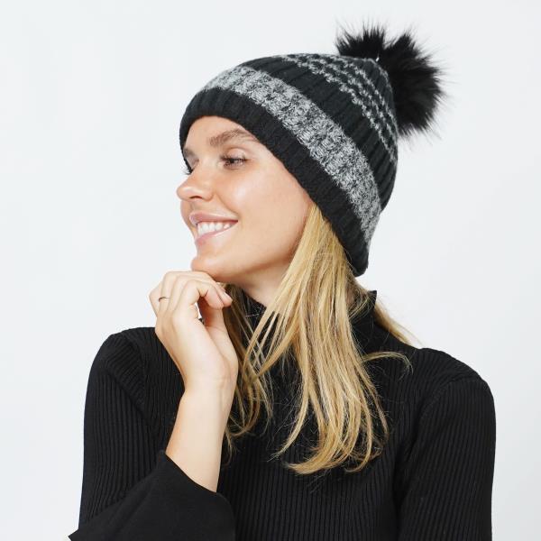 STRIP POM POM BEANIES