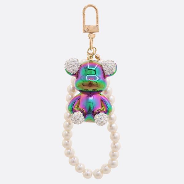 RHINESTONE METALLIC BEAR PEARL BEAD KEYCHAIN