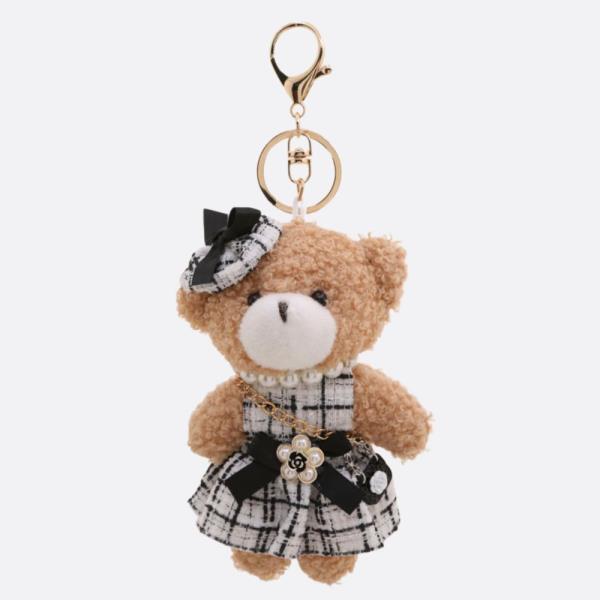 TWEED DRESS PEARL BEAD TEDDY BEAR KEYCHAIN