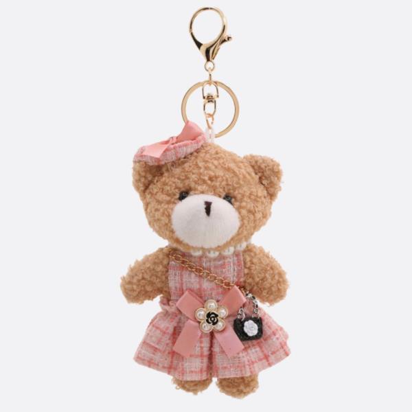 TWEED DRESS PEARL BEAD TEDDY BEAR KEYCHAIN