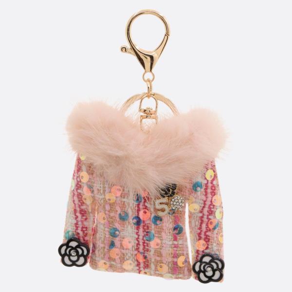 SEQUIN TWEED FLOWER FUR COAT KEYCHAIN