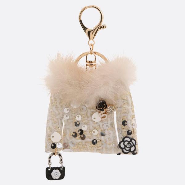 SEQUIN TWEED FLOWER PURSE CHARM FUR COAT KEYCHAIN