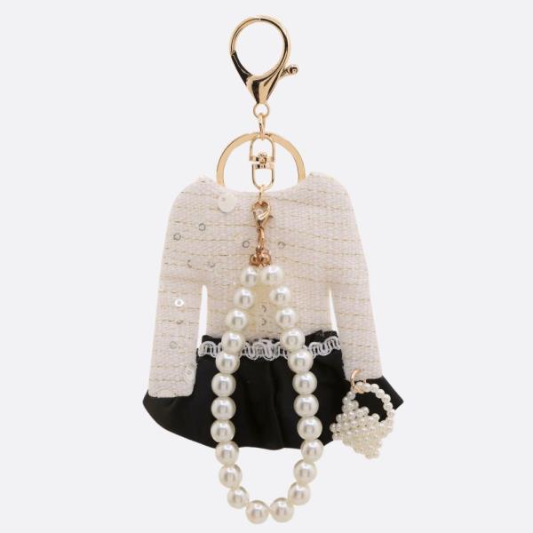 SEQUIN TWEED DRESS PEARL BEAD KEYCHAIN