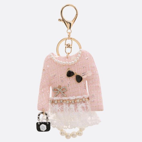 SEQUIN TWEED DRESS PEARL BEAD KEYCHAIN