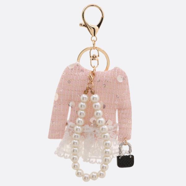 SEQUIN TWEED DRESS PEARL BEAD KEYCHAIN