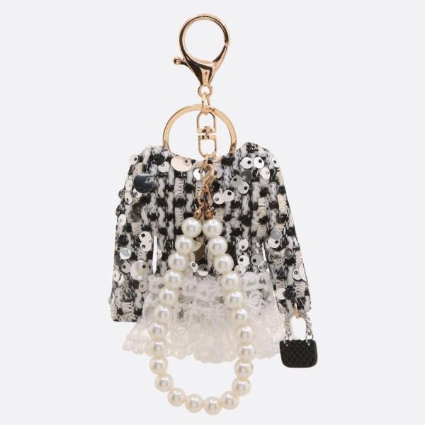 SEQUIN TWEED DRESS PEARL BEAD KEYCHAIN