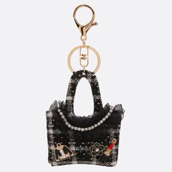 TWEED FLOWER TULLE RUFFLE RHINESTONE BAG KEYCHAIN