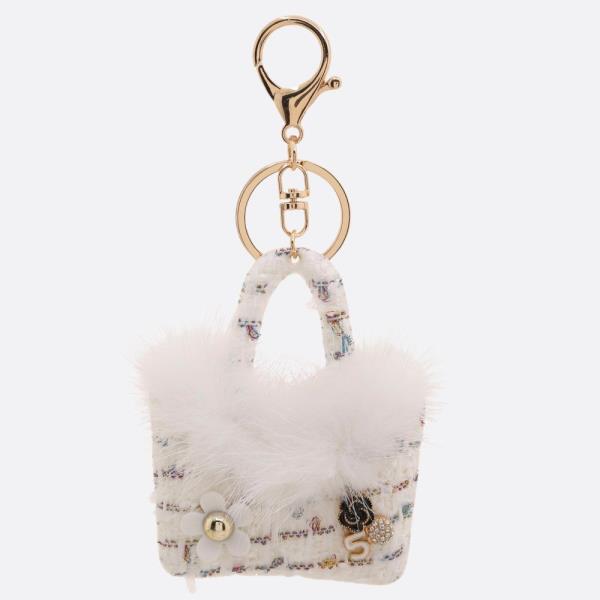 TWEED FLOWER FUR BAG KEYCHAIN