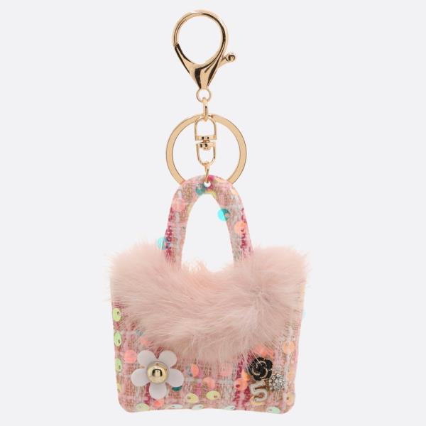 SEQUIN TWEED FLOWER FUR BAG KEYCHAIN