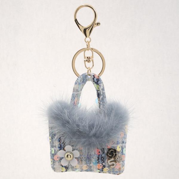 SEQUIN TWEED FLOWER FUR BAG KEYCHAIN