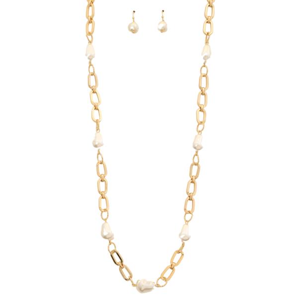 METAL PEARL CHAIN LONG NECKLACE EARRING SET