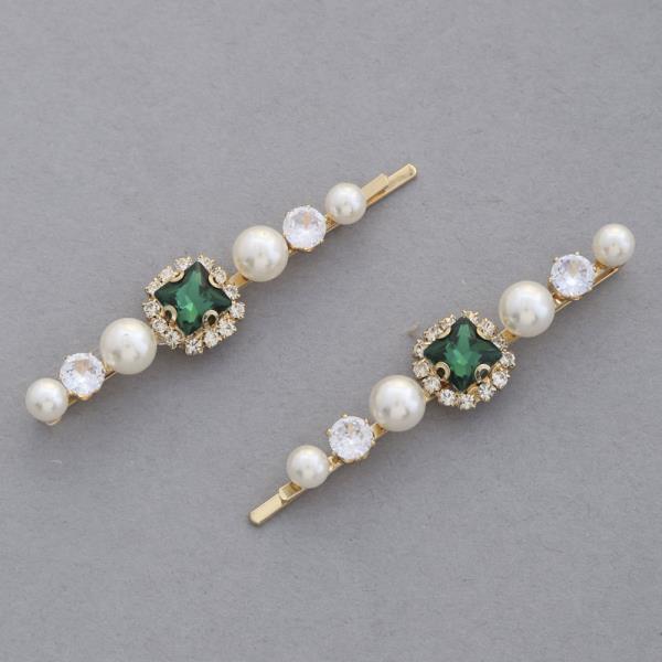 SQUARE CRYSTAL PEARL BEAD HAIR PIN SET