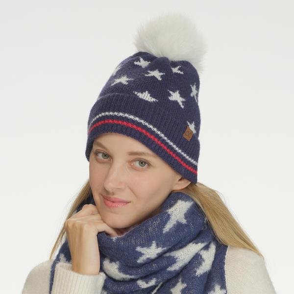 ALL OVER STAR AND STRIPE CUFF POM BEANIE