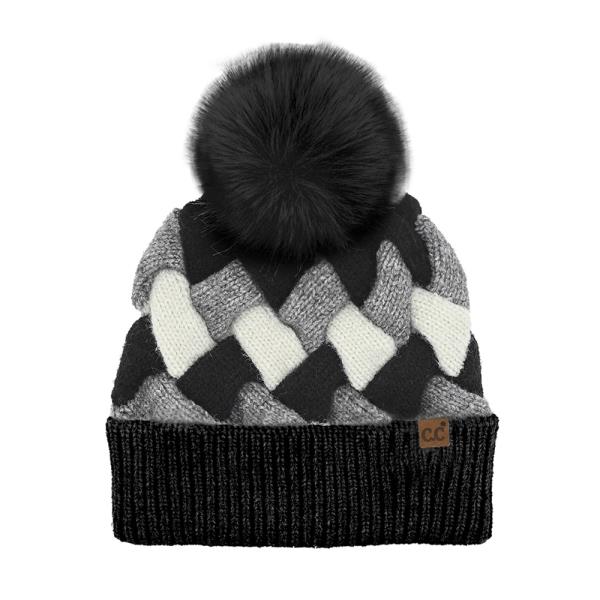 CHUNKY WEAVE WOVEN PATTERN POM BEANIE