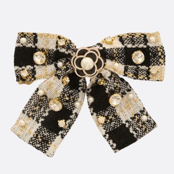 TWEED FLOWER PEARL BEAD RIBBON HAIR BOW PIN