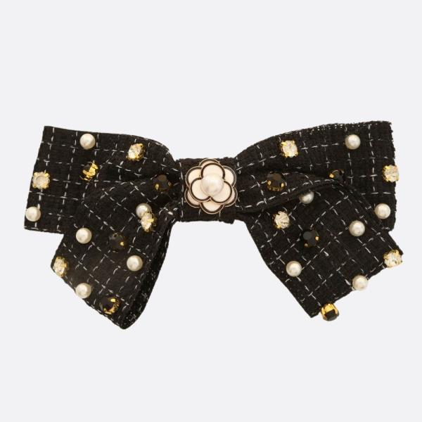 TWEED PEARL STUDDED RIBBON HAIR BOW PIN