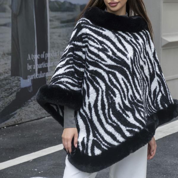 ZEBRA PATTERN EDGE FAUX FUR PONCHO