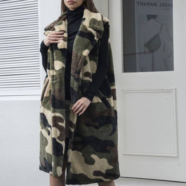 FAUX FUR CAMOUFLAGE LONG VEST JACKET