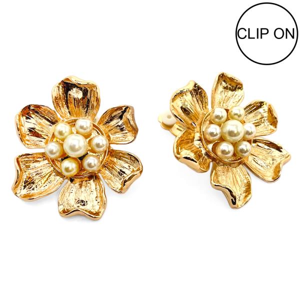 CHUNKY FLOWER PEARL BEAD METAL CLIP EARRING