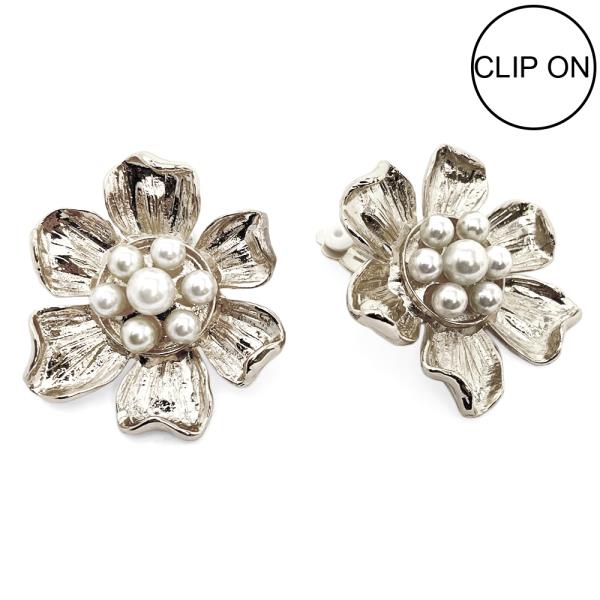 CHUNKY FLOWER PEARL BEAD METAL CLIP EARRING