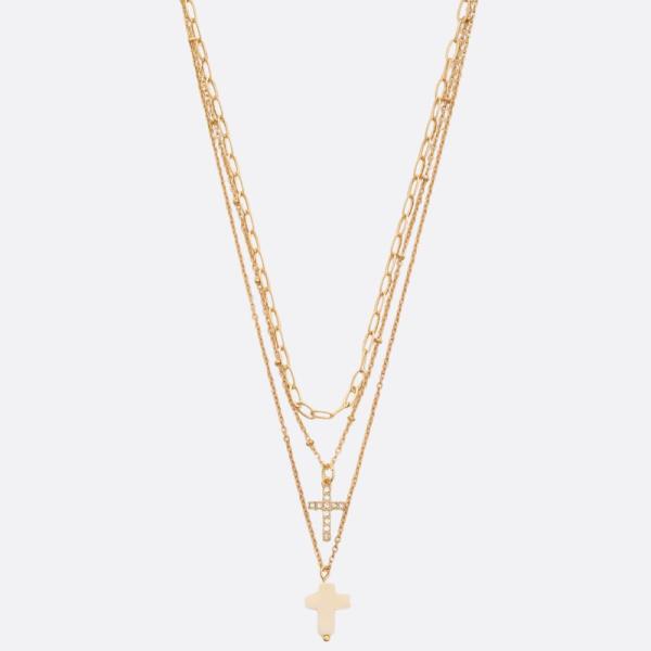 DOUBLE CROSS CHARM OVAL LINK LAYERED NECKLACE