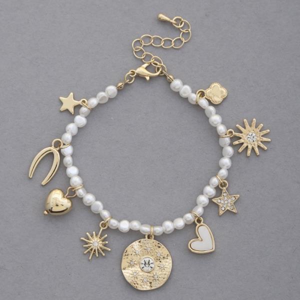 HEART STAR COIN CHARM PEARL BEAD BRACELET