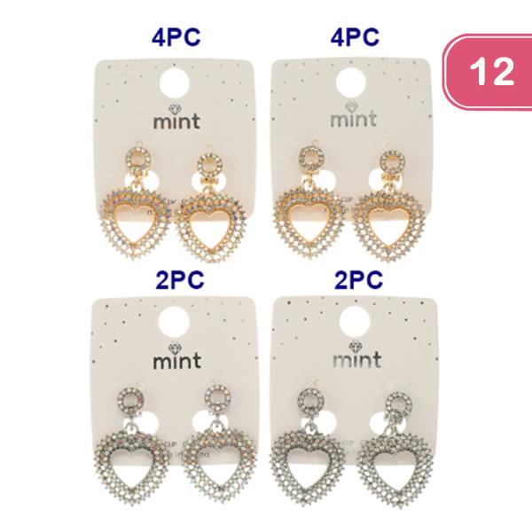 HEART RHINESTONE DANGLE EARRINGS (12 UNITS)