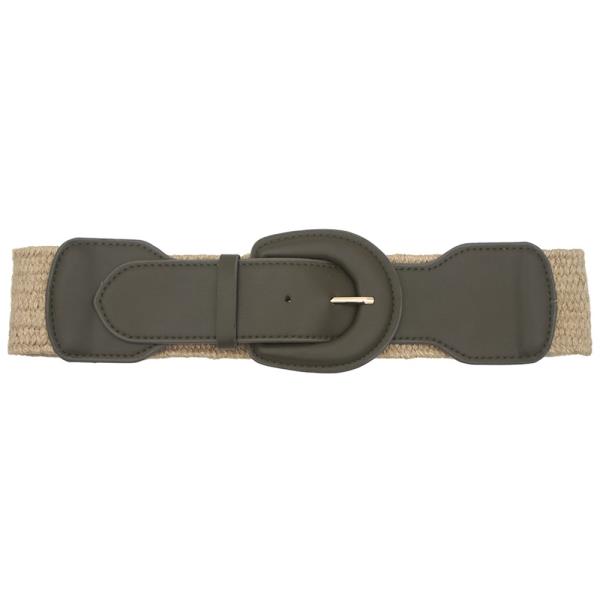 NATURAL WOVEN ELASTIC BELT WITH FAUX LEATHER ACCENT