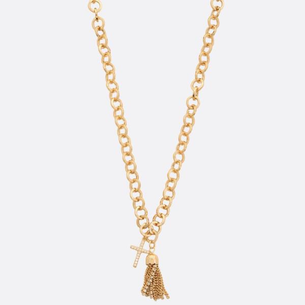 SODAJO CHAIN TASSEL CZ CROSS CHARM CIRCLE LINK GOLD DIPPED NECKLACE