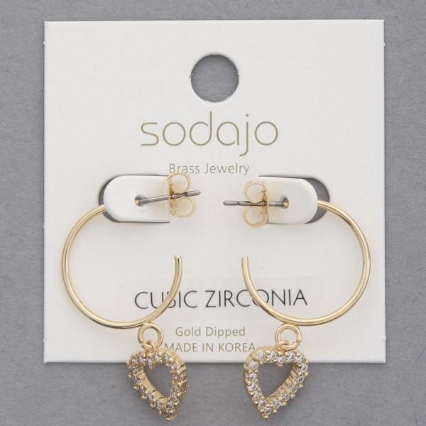 SODAJO CZ HEART CHARM OPEN HOOP GOLD DIPPED EARRING