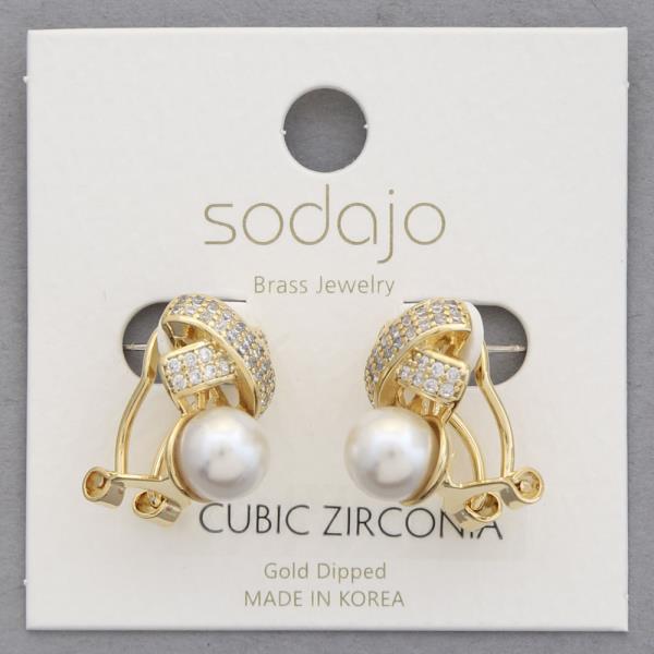 SODAJO PEARL BEAD CRISS CROSS CZ GOLD DIPPED EARRING