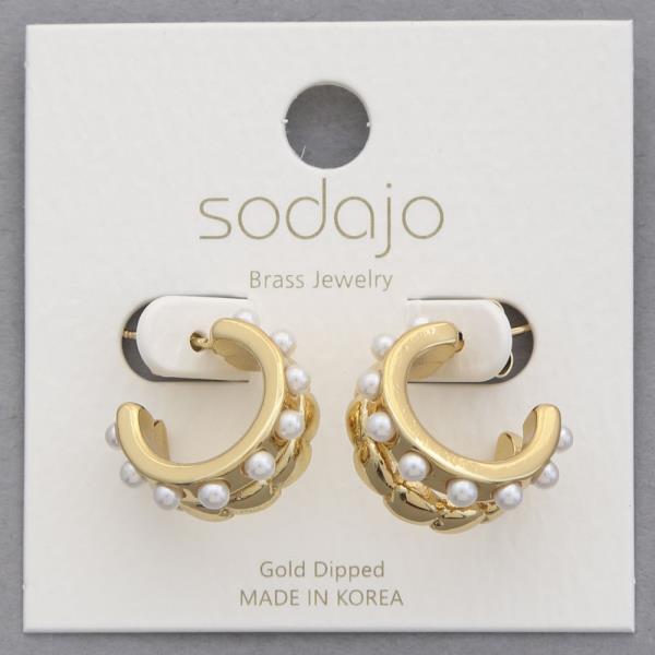 SODAJO PEARL BEAD MINI HOOP GOLD DIPPED EARRING