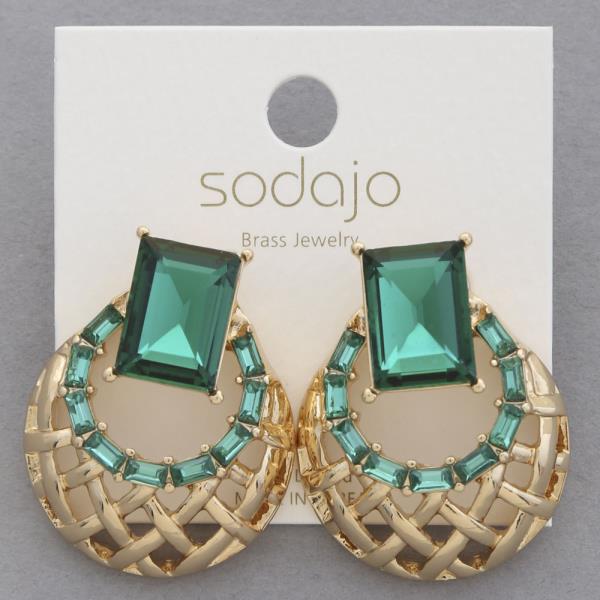 SODAJO EMERALD RHINESTONE ROUND METAL GOLD DIPPED EARRING