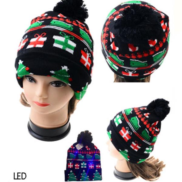 LED LIGHT CHRISTMAS KNIT BEANIES WITH POM POM