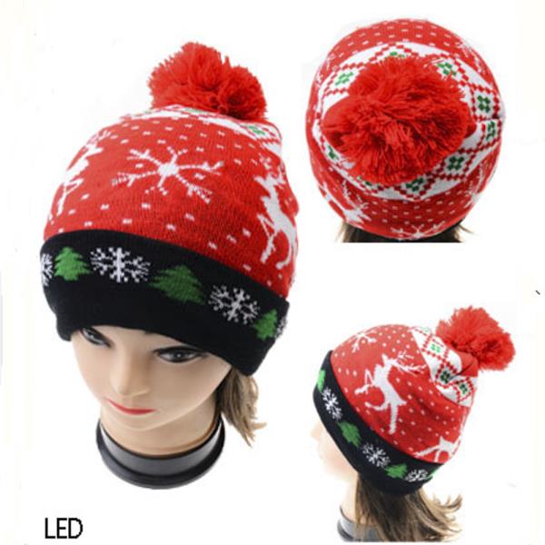 LED LIGHT CHRISTMAS KNIT BEANIES WITH POM POM