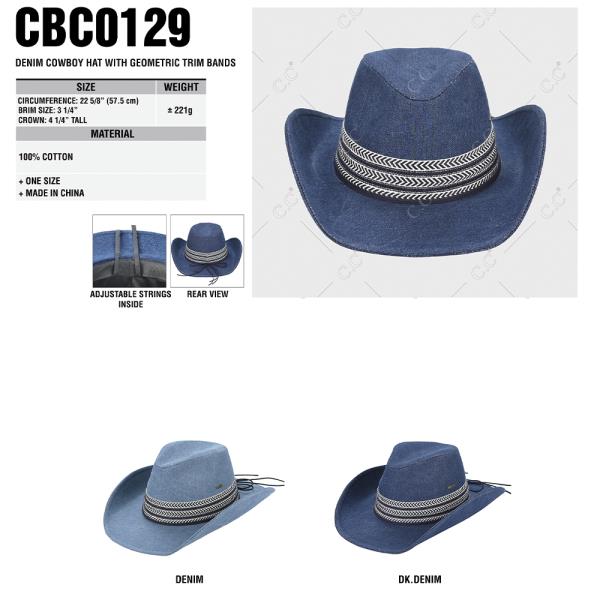 CC DENIM COWBOY HAT WITH GEOMETRIC TRIM BANDS