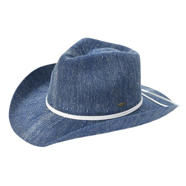 CC WASHED EFFECT KNITTED DENIM COWBOY HAT WITH SUEDE STRINGS