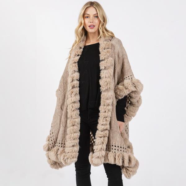 FAUX FUR COLLAR AND TRIM CAPE WITH CLOSURE