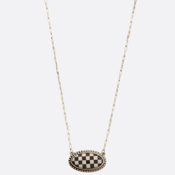 WESTERN CHECKERED PATTERN OVAL PENDANT OVAL LINK NECKLACE