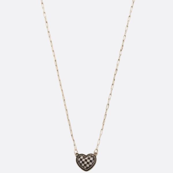 WESTERN CHECKERED PATTERN HEART PENDANT OVAL LINK NECKLACE